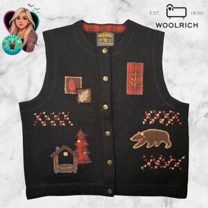 WOOLRICH Black Bear Cabin Tree Embroidered Wool Knit Sweater Vest  Women's Large
